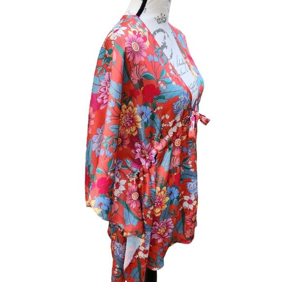 UMGEE U.S.A. NWT Tangerine & Light Blue Floral Side-Slit Tie-Waist Kimono size S - Picture 3 of 7
